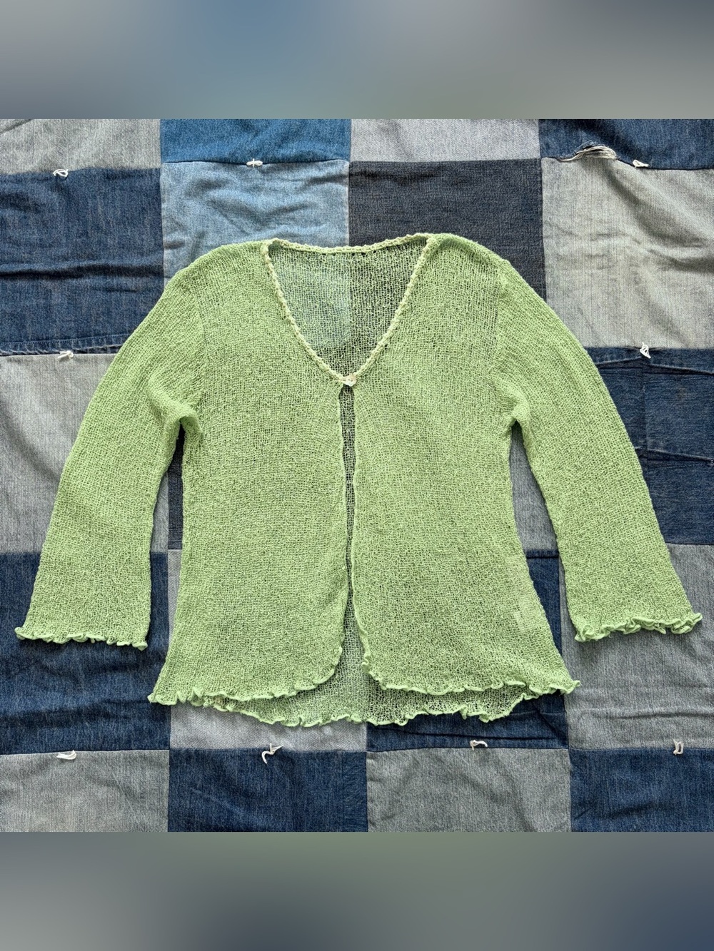 vintage fresco nomadic traders green knit cardigan fairy top lettuce edge open